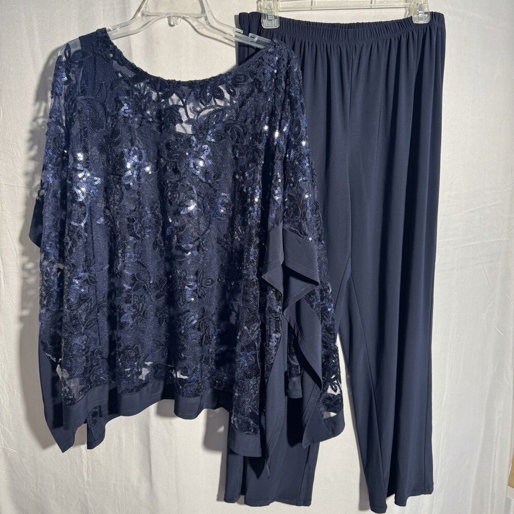 R&M Richards 2Pc Sequin Top Pants Set Navy Blue Plus Size 14W Dress Evening